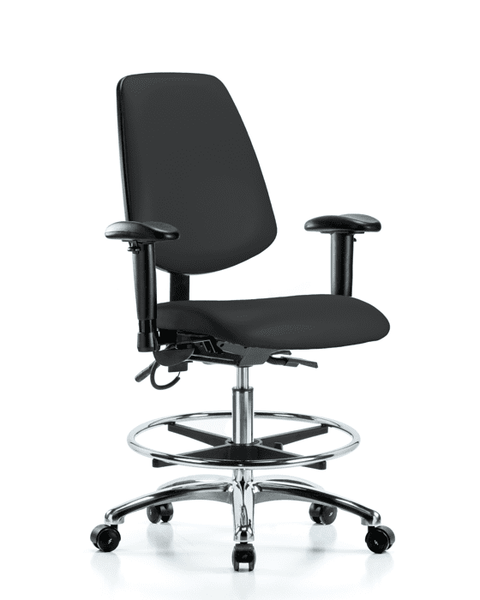 Vinyl ESD Chair - Medium Bench Height with Medium Back, Adjustable Arms, Chrome Foot Ring, & ESD Casters in ESD Black Vinyl - ESD-VMBCH-MB-CR-T0-A1-CF-EC-ESDBLK