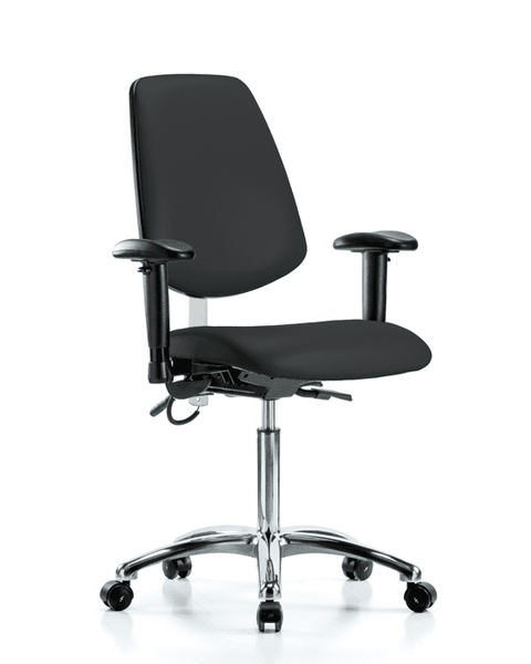 Vinyl ESD Chair - Medium Bench Height with Medium Back, Adjustable Arms, & ESD Casters in ESD Black Vinyl - ESD-VMBCH-MB-CR-T0-A1-NF-EC-ESDBLK