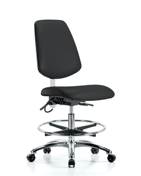 Vinyl ESD Chair - Medium Bench Height with Medium Back, Seat Tilt, Chrome Foot Ring, & ESD Casters in ESD Black Vinyl - ESD-VMBCH-MB-CR-T1-A0-CF-EC-ESDBLK