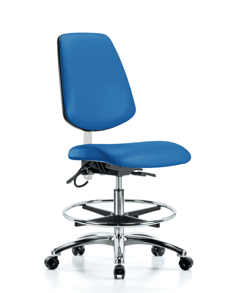 Vinyl ESD Chair - Medium Bench Height with Medium Back, Seat Tilt, Chrome Foot Ring, & ESD Casters in ESD Blue Vinyl - ESD-VMBCH-MB-CR-T1-A0-CF-EC-ESDBLU