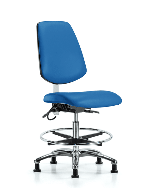 Vinyl ESD Chair - Medium Bench Height with Medium Back, Seat Tilt, Chrome Foot Ring, & ESD Stationary Glides in ESD Blue Vinyl - ESD-VMBCH-MB-CR-T1-A0-CF-EG-ESDBLU