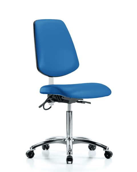 Vinyl ESD Chair - Medium Bench Height with Medium Back, Seat Tilt, & ESD Casters in ESD Blue Vinyl - ESD-VMBCH-MB-CR-T1-A0-NF-EC-ESDBLU