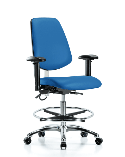 Vinyl ESD Chair - Medium Bench Height with Medium Back, Seat Tilt, Adjustable Arms, Chrome Foot Ring, & ESD Casters in ESD Blue Vinyl - ESD-VMBCH-MB-CR-T1-A1-CF-EC-ESDBLU