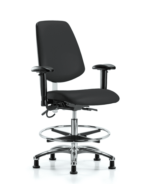 Vinyl ESD Chair - Medium Bench Height with Medium Back, Seat Tilt, Adjustable Arms, Chrome Foot Ring, & ESD Stationary Glides in ESD Black Vinyl - ESD-VMBCH-MB-CR-T1-A1-CF-EG-ESDBLK