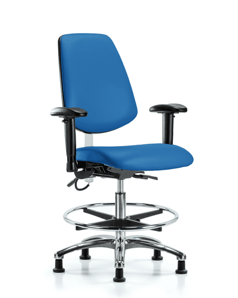 Vinyl ESD Chair - Medium Bench Height with Medium Back, Seat Tilt, Adjustable Arms, Chrome Foot Ring, & ESD Stationary Glides in ESD Blue Vinyl - ESD-VMBCH-MB-CR-T1-A1-CF-EG-ESDBLU