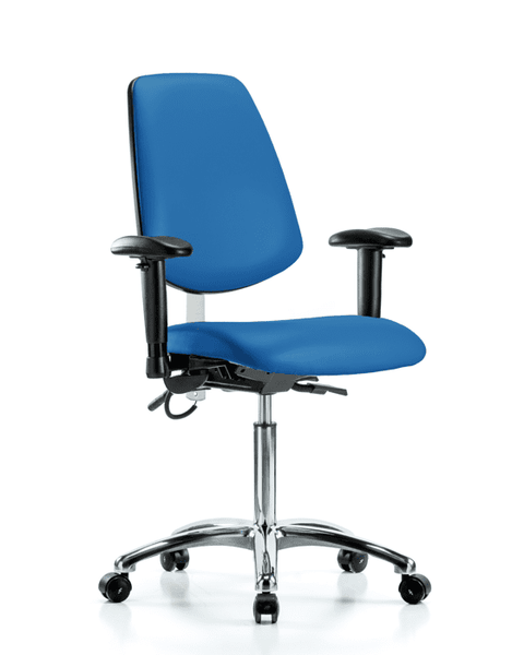 Vinyl ESD Chair - Medium Bench Height with Medium Back, Seat Tilt, Adjustable Arms, & ESD Casters in ESD Blue Vinyl - ESD-VMBCH-MB-CR-T1-A1-NF-EC-ESDBLU