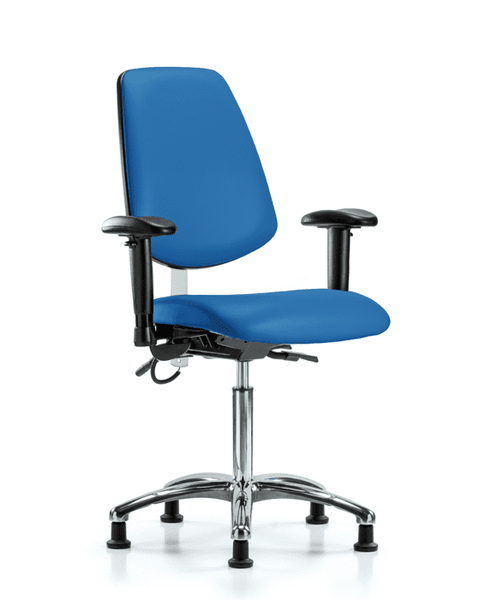 Vinyl ESD Chair - Medium Bench Height with Medium Back, Seat Tilt, Adjustable Arms, & ESD Stationary Glides in ESD Blue Vinyl - ESD-VMBCH-MB-CR-T1-A1-NF-EG-ESDBLU