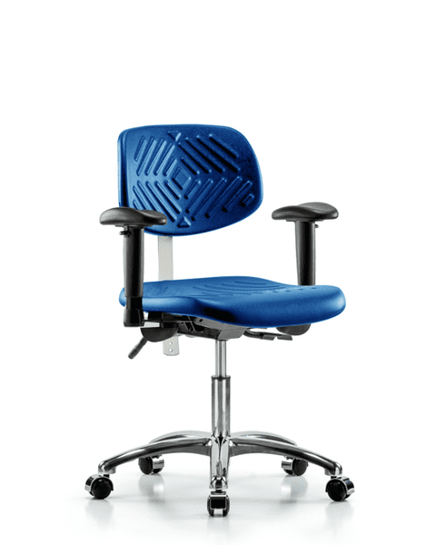 Class 100 Polyurethane Clean Room Chair - Desk Height with Seat Tilt, Adjustable Arms, & Casters in Blue Polyurethane - NCR-PDHCH-CR-T1-A1-CC-BLU