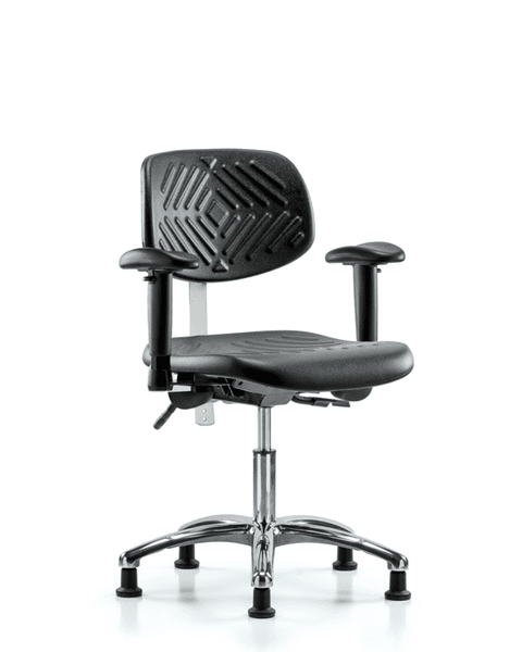 Class 100 Polyurethane Clean Room Chair - Desk Height with Seat Tilt, Adjustable Arms, & Stationary Glides in Black Polyurethane - NCR-PDHCH-CR-T1-A1-RG-BLK