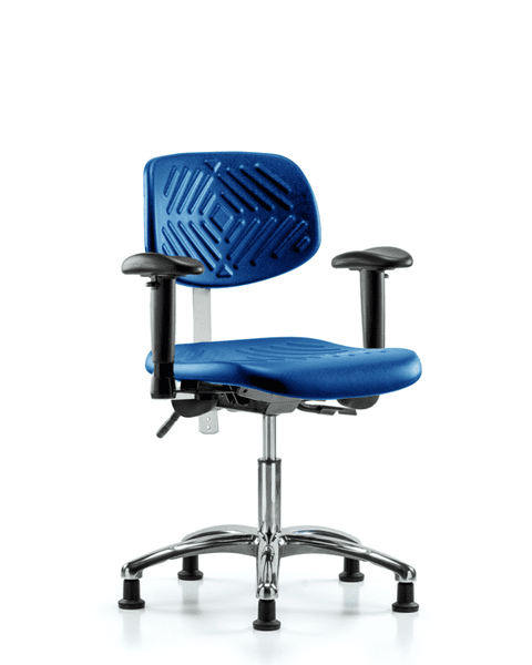 Class 100 Polyurethane Clean Room Chair - Desk Height with Seat Tilt, Adjustable Arms, & Stationary Glides in Blue Polyurethane - NCR-PDHCH-CR-T1-A1-RG-BLU