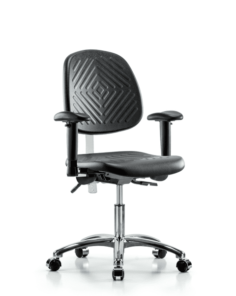 Class 100 Polyurethane Clean Room Chair - Desk Height with Medium Back, Seat Tilt, Adjustable Arms, & Casters in Black Polyurethane - NCR-PDHCH-MB-CR-T1-A1-CC-BLK