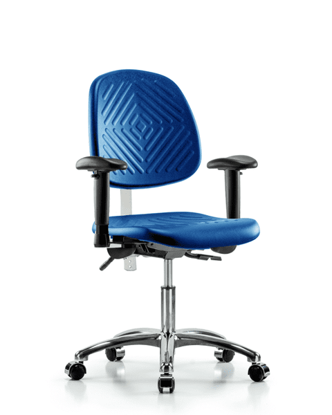 Class 100 Polyurethane Clean Room Chair - Desk Height with Medium Back, Seat Tilt, Adjustable Arms, & Casters in Blue Polyurethane - NCR-PDHCH-MB-CR-T1-A1-CC-BLU