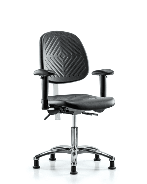 Class 100 Polyurethane Clean Room Chair - Desk Height with Medium Back, Seat Tilt, Adjustable Arms, & Stationary Glides in Black Polyurethane - NCR-PDHCH-MB-CR-T1-A1-RG-BLK
