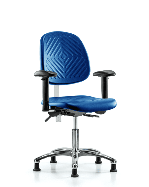 Class 100 Polyurethane Clean Room Chair - Desk Height with Medium Back, Seat Tilt, Adjustable Arms, & Stationary Glides in Blue Polyurethane - NCR-PDHCH-MB-CR-T1-A1-RG-BLU