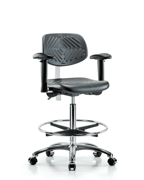 Class 100 Polyurethane Clean Room Chair - High Bench Height with Adjustable Arms, Chrome Foot Ring, & Casters in Black Polyurethane - NCR-PHBCH-CR-T0-A1-CF-CC-BLK