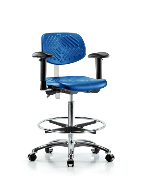 Class 100 Polyurethane Clean Room Chair - High Bench Height with Adjustable Arms, Chrome Foot Ring, & Casters in Blue Polyurethane - NCR-PHBCH-CR-T0-A1-CF-CC-BLU