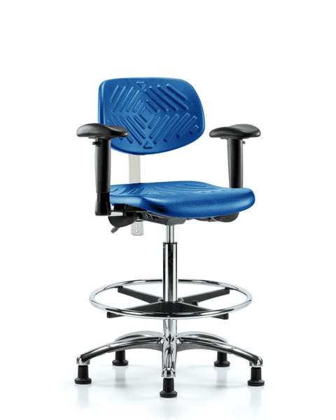 Class 100 Polyurethane Clean Room Chair - High Bench Height with Adjustable Arms, Chrome Foot Ring, & Stationary Glides in Blue Polyurethane - NCR-PHBCH-CR-T0-A1-CF-RG-BLU