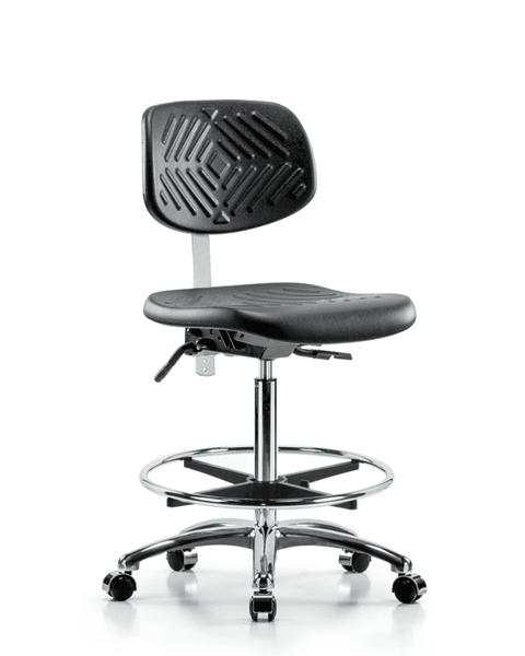 Class 100 Polyurethane Clean Room Chair - High Bench Height with Seat Tilt, Chrome Foot Ring, & Casters in Black Polyurethane - NCR-PHBCH-CR-T1-A0-CF-CC-BLK