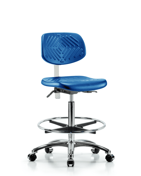 Class 100 Polyurethane Clean Room Chair - High Bench Height with Seat Tilt, Chrome Foot Ring, & Casters in Blue Polyurethane - NCR-PHBCH-CR-T1-A0-CF-CC-BLU