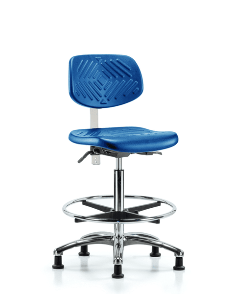 Class 100 Polyurethane Clean Room Chair - High Bench Height with Seat Tilt, Chrome Foot Ring, & Stationary Glides in Blue Polyurethane - NCR-PHBCH-CR-T1-A0-CF-RG-BLU