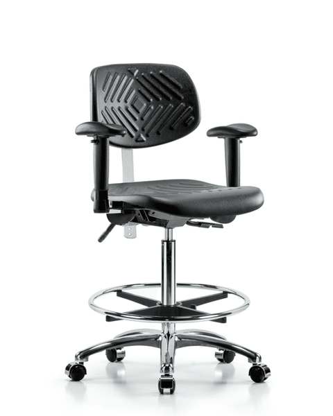 Class 100 Polyurethane Clean Room Chair - High Bench Height with Seat Tilt, Adjustable Arms, Chrome Foot Ring, & Casters in Black Polyurethane - NCR-PHBCH-CR-T1-A1-CF-CC-BLK
