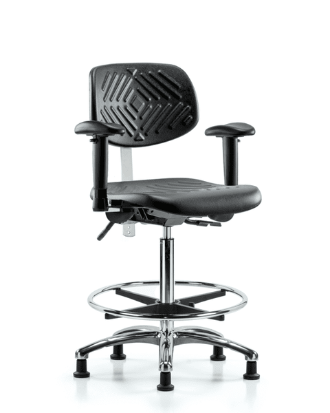 Class 100 Polyurethane Clean Room Chair - High Bench Height with Seat Tilt, Adjustable Arms, Chrome Foot Ring, & Stationary Glides in Black Polyurethane - NCR-PHBCH-CR-T1-A1-CF-RG-BLK