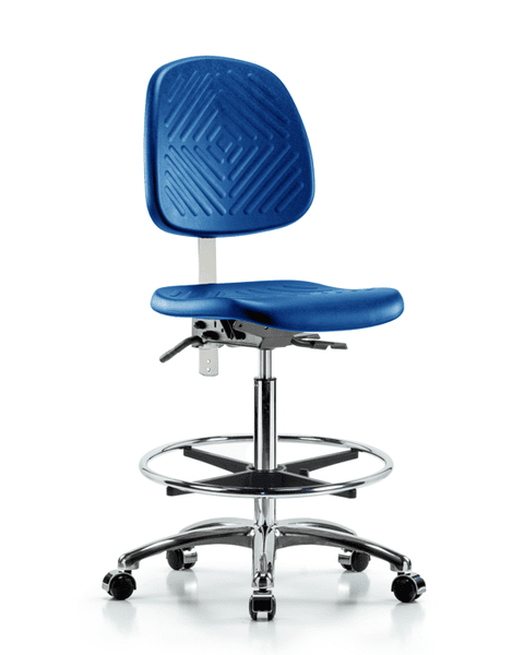 Class 10 Polyurethane Clean Room Chair - High Bench Height with Medium Back & Casters in Blue Polyurethane - NCR-PHBCH-MB-CR-T0-A0-CF-CC-BLU