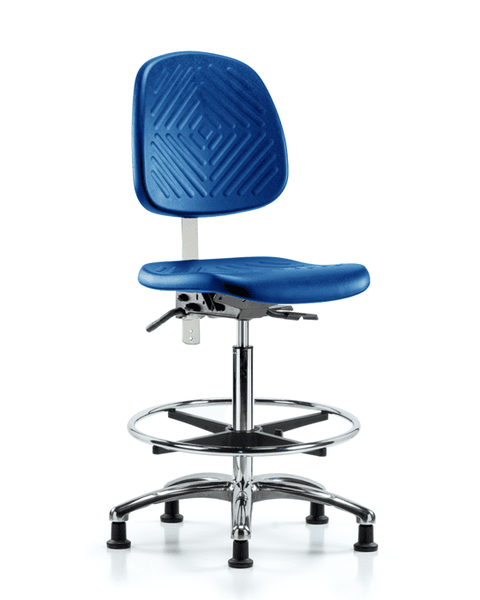 Class 10 Polyurethane Clean Room Chair - High Bench Height with Medium Back & Stationary Glides in Blue Polyurethane - NCR-PHBCH-MB-CR-T0-A0-CF-RG-BLU