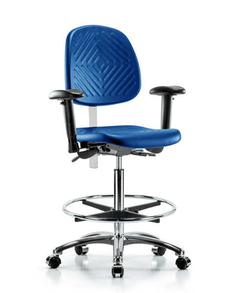 Class 100 Polyurethane Clean Room Chair - High Bench Height with Medium Back, Adjustable Arms, Chrome Foot Ring, & Casters in Blue Polyurethane - NCR-PHBCH-MB-CR-T0-A1-CF-CC-BLU