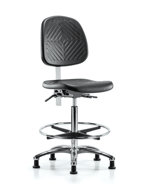 Class 100 Polyurethane Clean Room Chair - High Bench Height with Medium Back, Seat Tilt, Chrome Foot Ring, & Stationary Glides in Black Polyurethane - NCR-PHBCH-MB-CR-T1-A0-CF-RG-BLK