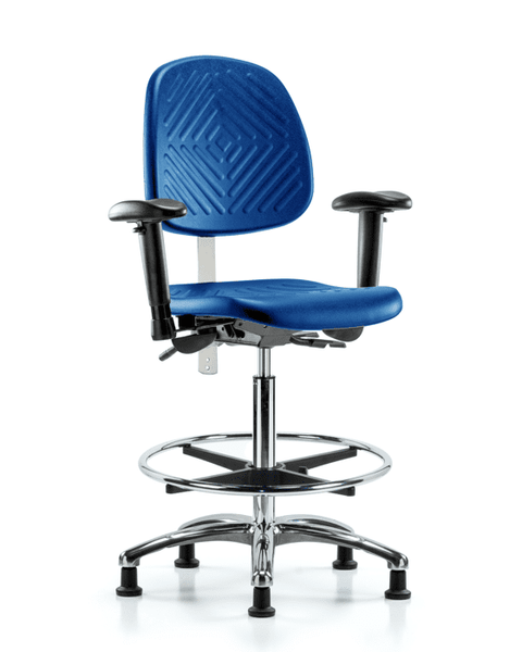 Class 100 Polyurethane Clean Room Chair - High Bench Height with Medium Back, Seat Tilt, Adjustable Arms, Chrome Foot Ring, & Stationary Glides in Blue Polyurethane - NCR-PHBCH-MB-CR-T1-A1-CF-RG-BLU