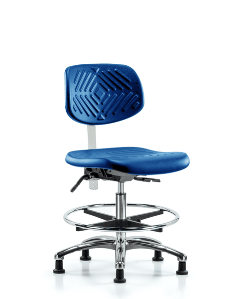Class 100 Polyurethane Clean Room Chair - Medium Bench Height with Seat Tilt, Chrome Foot Ring, & Stationary Glides in Blue Polyurethane - NCR-PMBCH-CR-T1-A0-CF-RG-BLU
