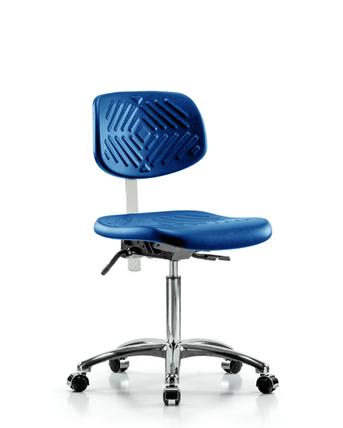 Class 100 Polyurethane Clean Room Chair - Medium Bench Height with Seat Tilt & Casters in Blue Polyurethane - NCR-PMBCH-CR-T1-A0-NF-CC-BLU