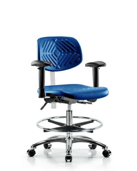 Class 100 Polyurethane Clean Room Chair - Medium Bench Height with Seat Tilt, Adjustable Arms, Chrome Foot Ring, & Casters in Blue Polyurethane - NCR-PMBCH-CR-T1-A1-CF-CC-BLU