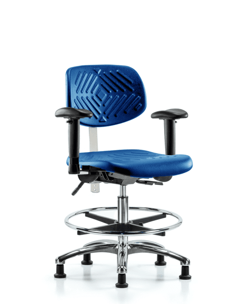 Class 100 Polyurethane Clean Room Chair - Medium Bench Height with Seat Tilt, Adjustable Arms, Chrome Foot Ring, & Stationary Glides in Blue Polyurethane - NCR-PMBCH-CR-T1-A1-CF-RG-BLU