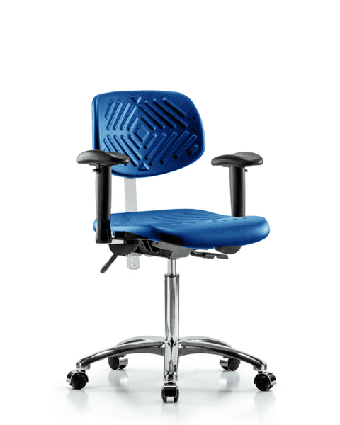 Class 100 Polyurethane Clean Room Chair - Medium Bench Height with Seat Tilt, Adjustable Arms, & Casters in Blue Polyurethane - NCR-PMBCH-CR-T1-A1-NF-CC-BLU