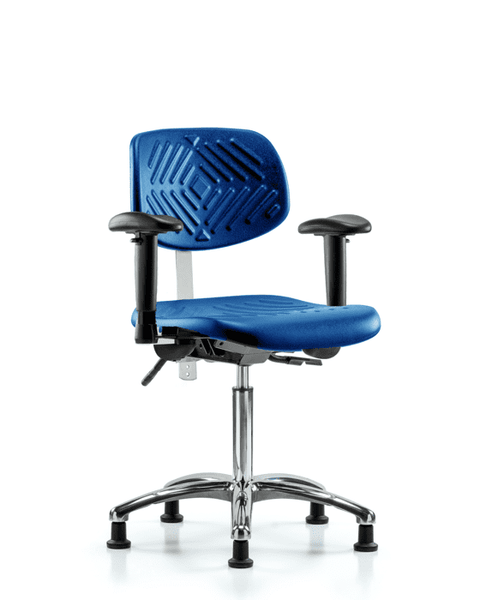Class 100 Polyurethane Clean Room Chair - Medium Bench Height with Seat Tilt, Adjustable Arms, & Stationary Glides in Blue Polyurethane - NCR-PMBCH-CR-T1-A1-NF-RG-BLU