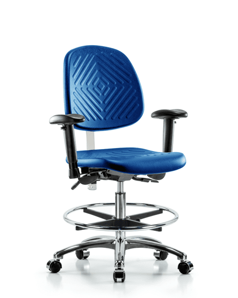 Class 100 Polyurethane Clean Room Chair - Medium Bench Height with Medium Back, Adjustable Arms, Chrome Foot Ring, & Casters in Blue Polyurethane - NCR-PMBCH-MB-CR-T0-A1-CF-CC-BLU