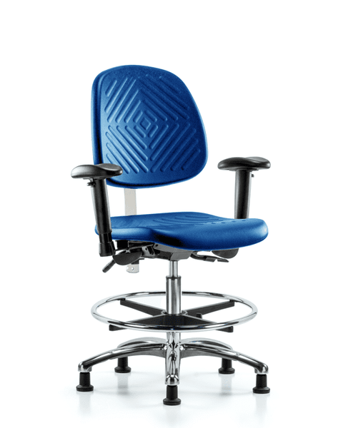 Class 100 Polyurethane Clean Room Chair - Medium Bench Height with Medium Back, Adjustable Arms, Chrome Foot Ring, & Stationary Glides in Blue Polyurethane - NCR-PMBCH-MB-CR-T0-A1-CF-RG-BLU