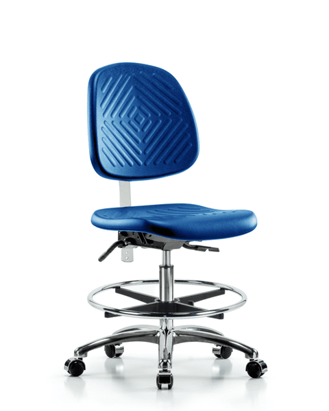 Class 100 Polyurethane Clean Room Chair - Medium Bench Height with Medium Back, Seat Tilt, Chrome Foot Ring, & Casters in Blue Polyurethane - NCR-PMBCH-MB-CR-T1-A0-CF-CC-BLU