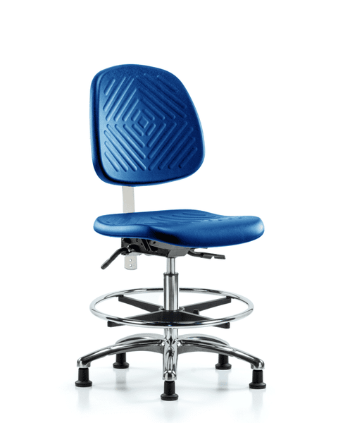 Class 100 Polyurethane Clean Room Chair - Medium Bench Height with Medium Back, Seat Tilt, Chrome Foot Ring, & Stationary Glides in Blue Polyurethane - NCR-PMBCH-MB-CR-T1-A0-CF-RG-BLU