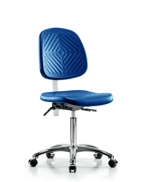 Class 100 Polyurethane Clean Room Chair - Medium Bench Height with Medium Back, Seat Tilt, & Casters in Blue Polyurethane - NCR-PMBCH-MB-CR-T1-A0-NF-CC-BLU