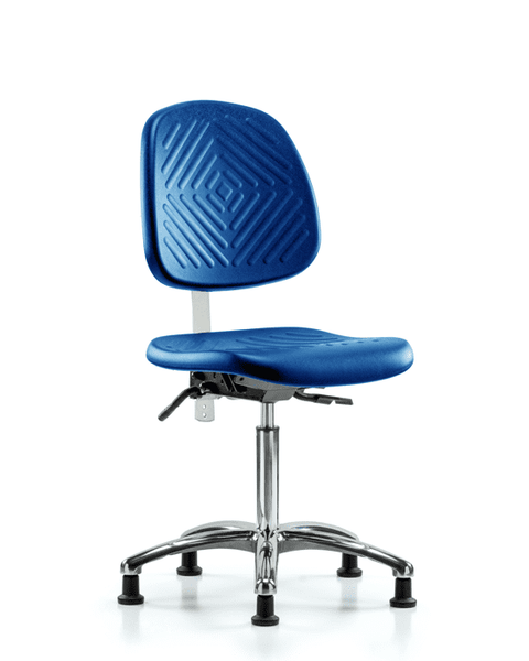 Class 100 Polyurethane Clean Room Chair - Medium Bench Height with Medium Back, Seat Tilt, & Stationary Glides in Blue Polyurethane - NCR-PMBCH-MB-CR-T1-A0-NF-RG-BLU