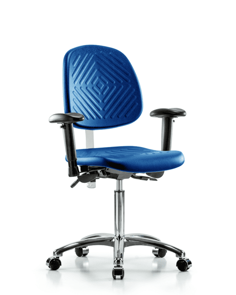 Class 100 Polyurethane Clean Room Chair - Medium Bench Height with Medium Back, Seat Tilt, Adjustable Arms, & Casters in Blue Polyurethane - NCR-PMBCH-MB-CR-T1-A1-NF-CC-BLU