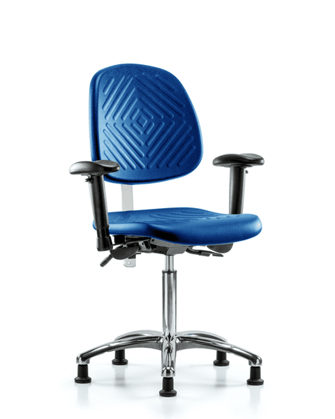 Class 100 Polyurethane Clean Room Chair - Medium Bench Height with Medium Back, Seat Tilt, Adjustable Arms, & Stationary Glides in Blue Polyurethane - NCR-PMBCH-MB-CR-T1-A1-NF-RG-BLU