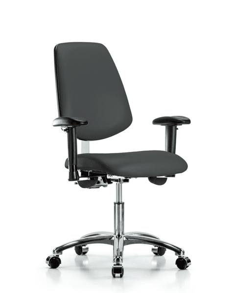 Class 100 Vinyl Clean Room Chair - Desk Height with Medium Back, Seat Tilt, Adjustable Arms, & Casters in Charcoal Trailblazer Vinyl - NCR-VDHCH-MB-CR-T1-A1-CC-8605