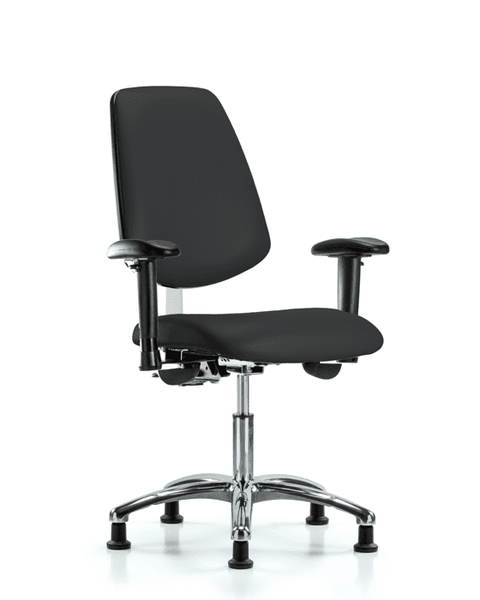 Class 100 Vinyl Clean Room Chair - Desk Height with Medium Back, Seat Tilt, Adjustable Arms, & Stationary Glides in Black Trailblazer Vinyl - NCR-VDHCH-MB-CR-T1-A1-RG-8540
