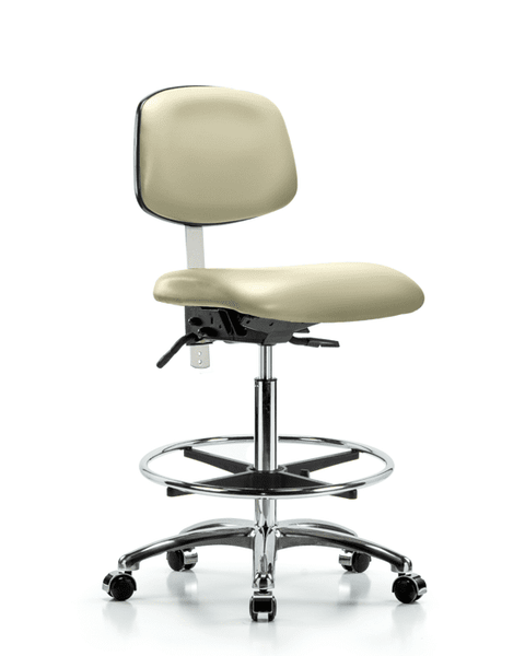 Class 100 Vinyl Clean Room Chair - High Bench Height with Chrome Foot Ring & Casters in Adobe White Trailblazer Vinyl - NCR-VHBCH-CR-T0-A0-CF-CC-8501