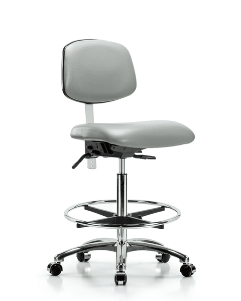 Class 100 Vinyl Clean Room Chair - High Bench Height with Chrome Foot Ring & Casters in Dove Trailblazer Vinyl - NCR-VHBCH-CR-T0-A0-CF-CC-8567