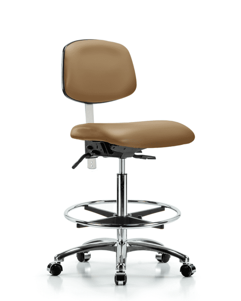 Class 100 Vinyl Clean Room Chair - High Bench Height with Chrome Foot Ring & Casters in Taupe Trailblazer Vinyl - NCR-VHBCH-CR-T0-A0-CF-CC-8584